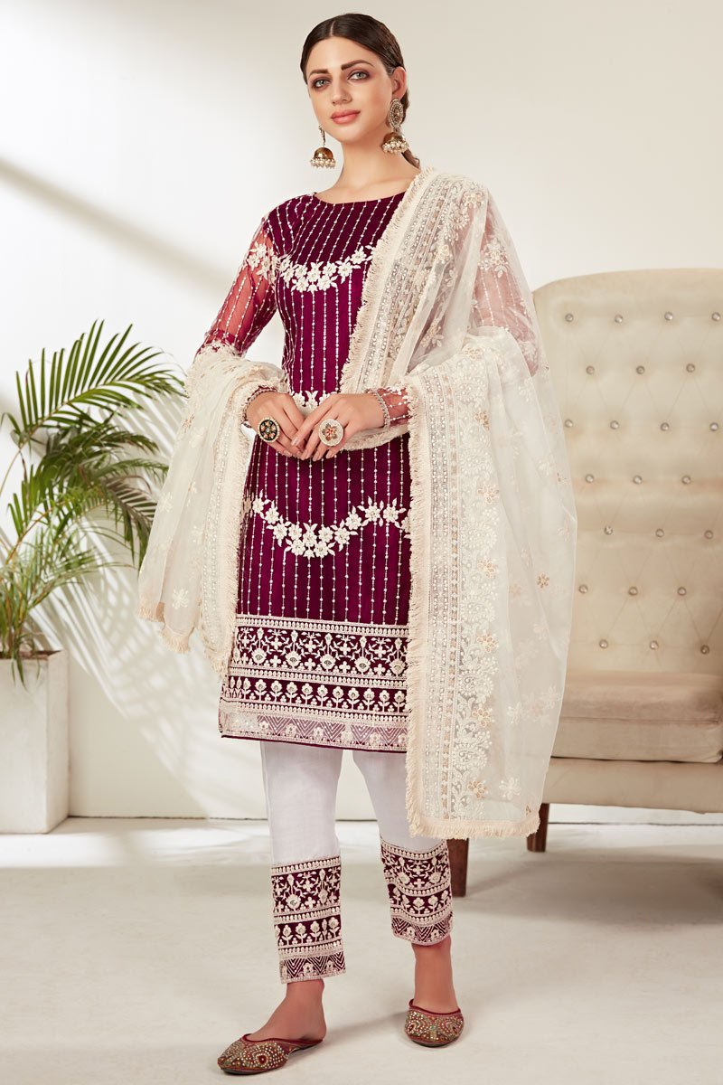 Net Fabric Wedding Wear Fancy Embroidered Salwar Suit In Purple Color