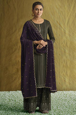 Load image into Gallery viewer, Chinon Fabric Dark Beige Embroidered Festive Wear Palazzo Suit
