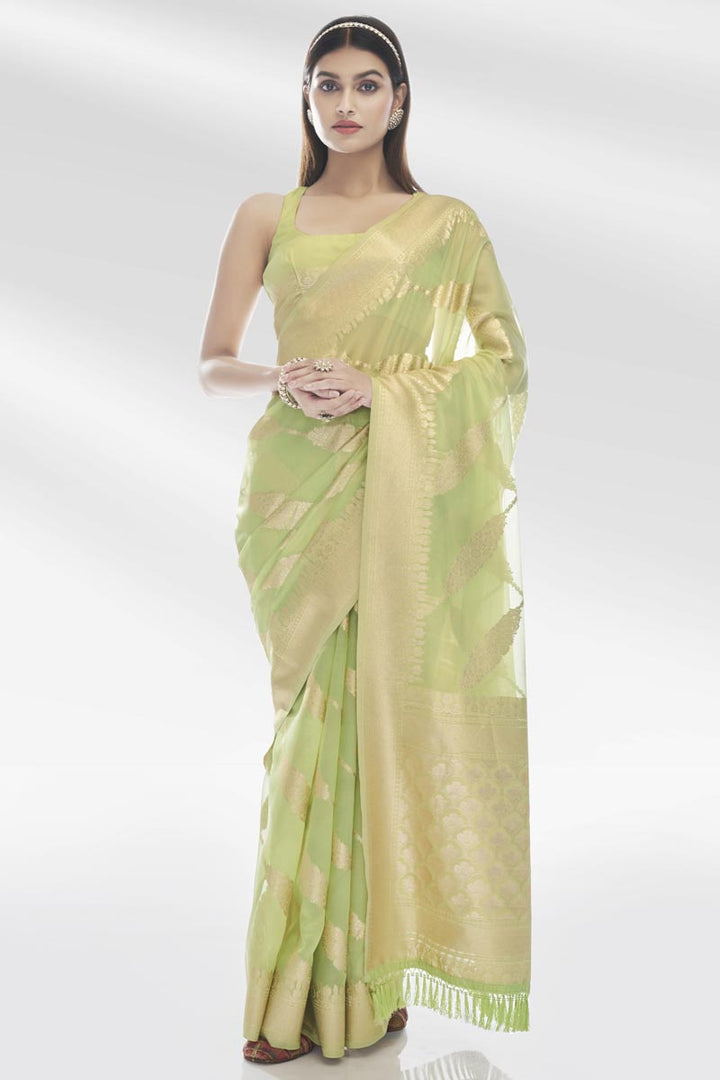 Exclusive Weaving Work On Green Color Saree In Organza Fabric