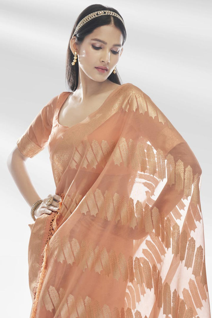 Peach Color Exquisite Weaving Work Saree In Organza Fabric