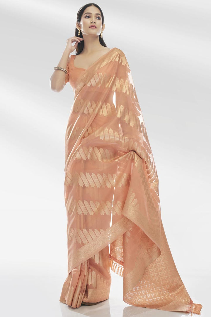 Peach Color Exquisite Weaving Work Saree In Organza Fabric