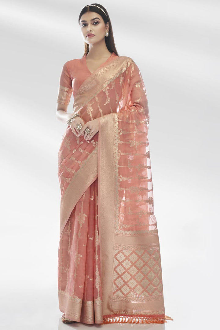 Heavy Organza Fabric Weaving Work On Pink Color Saree