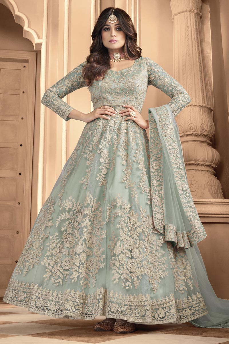 Shamita Shetty Light Cyan Color Party Wear Embroidered Anarkali Dress In Net Fabric