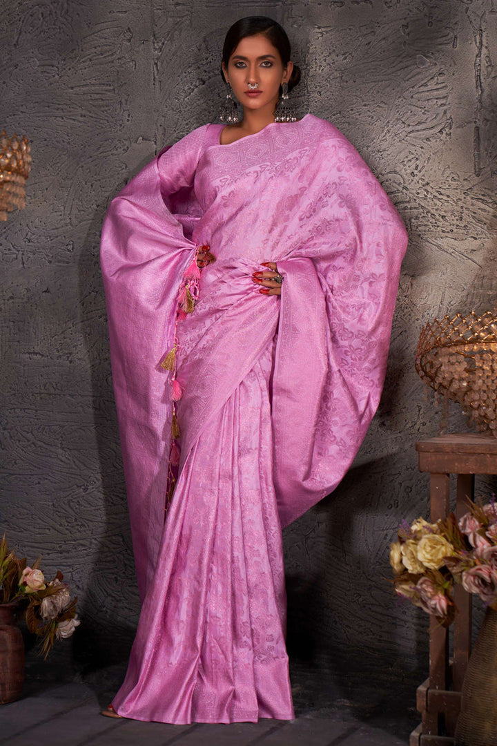 Excellent Colored Zari Weaving Work Art Silk Pink Saree