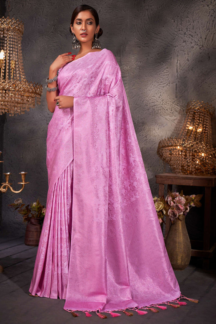 Excellent Colored Zari Weaving Work Art Silk Pink Saree