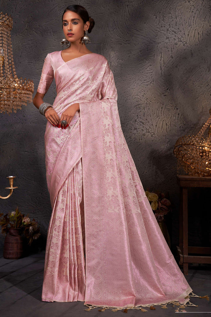 Dazzling Colored Zari Weaving Work Art Silk Cream Color Saree