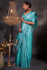 Load image into Gallery viewer, Winsome Colored Zari Weaving Work Art Silk Cyan Color Saree
