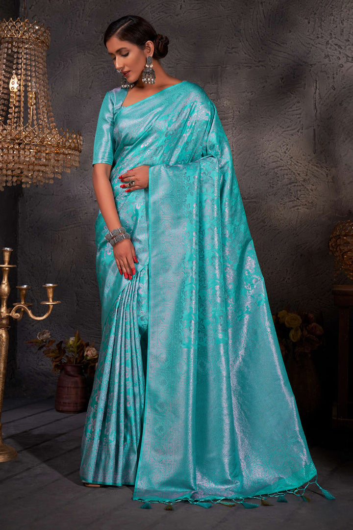 Winsome Colored Zari Weaving Work Art Silk Cyan Color Saree