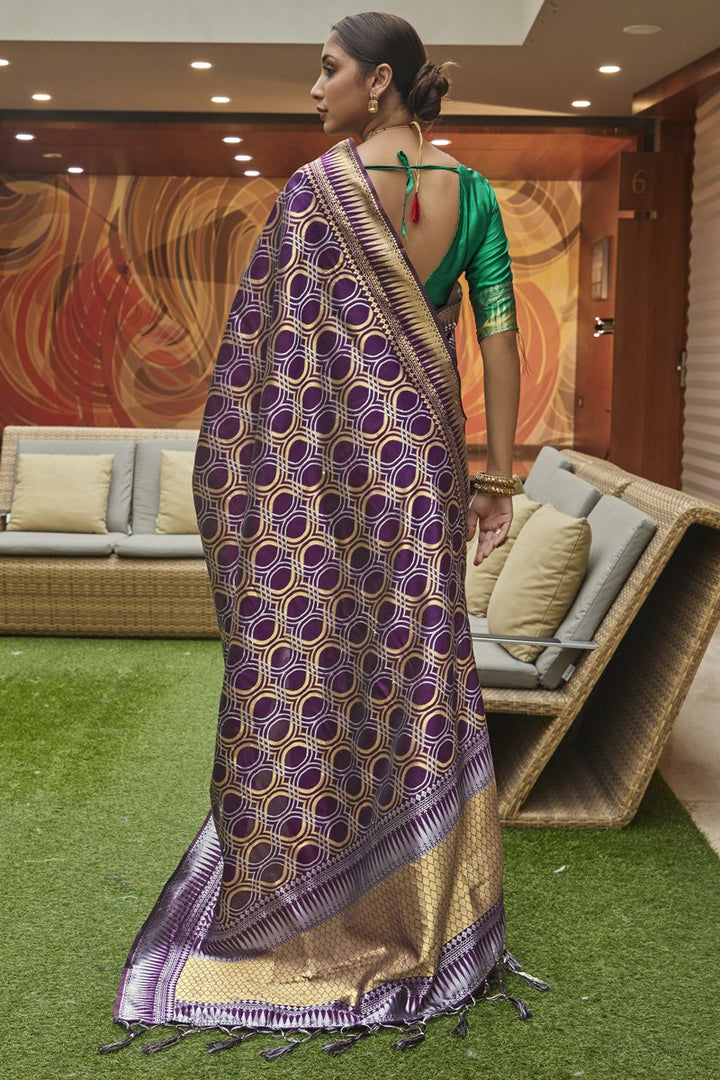 Wedding Wear Art Silk Fabric Weaving Work Saree In Purple Color