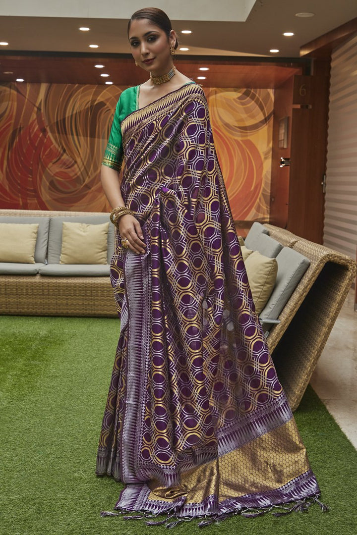Wedding Wear Art Silk Fabric Weaving Work Saree In Purple Color