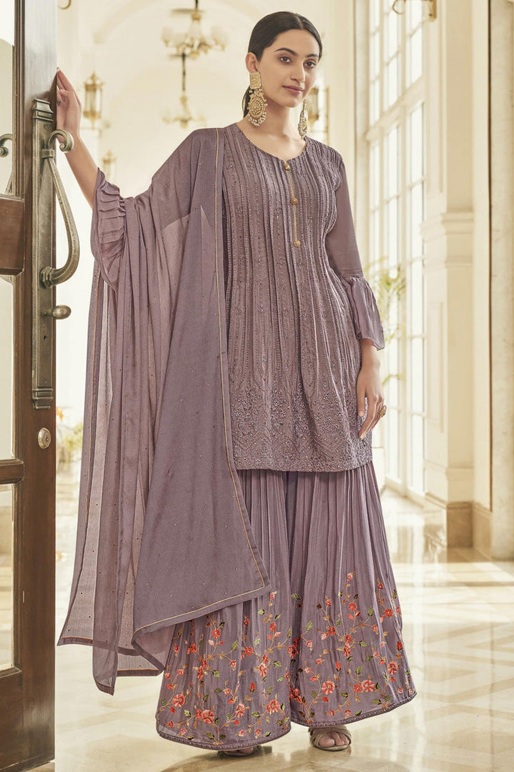 Chinon Fabric Lavender Color Function Wear Spectacular Palazzo Suit