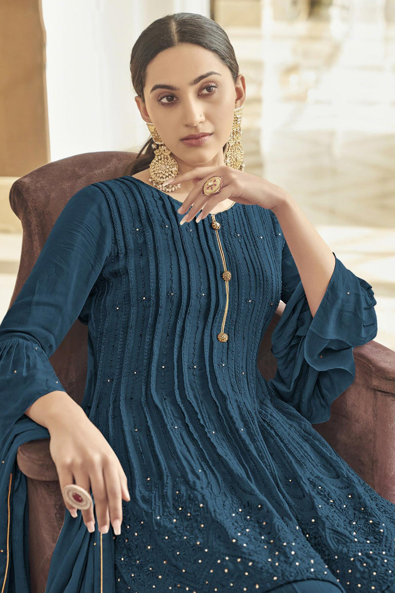 Teal Color Chinon Fabric Function Wear Stunning Palazzo Suit