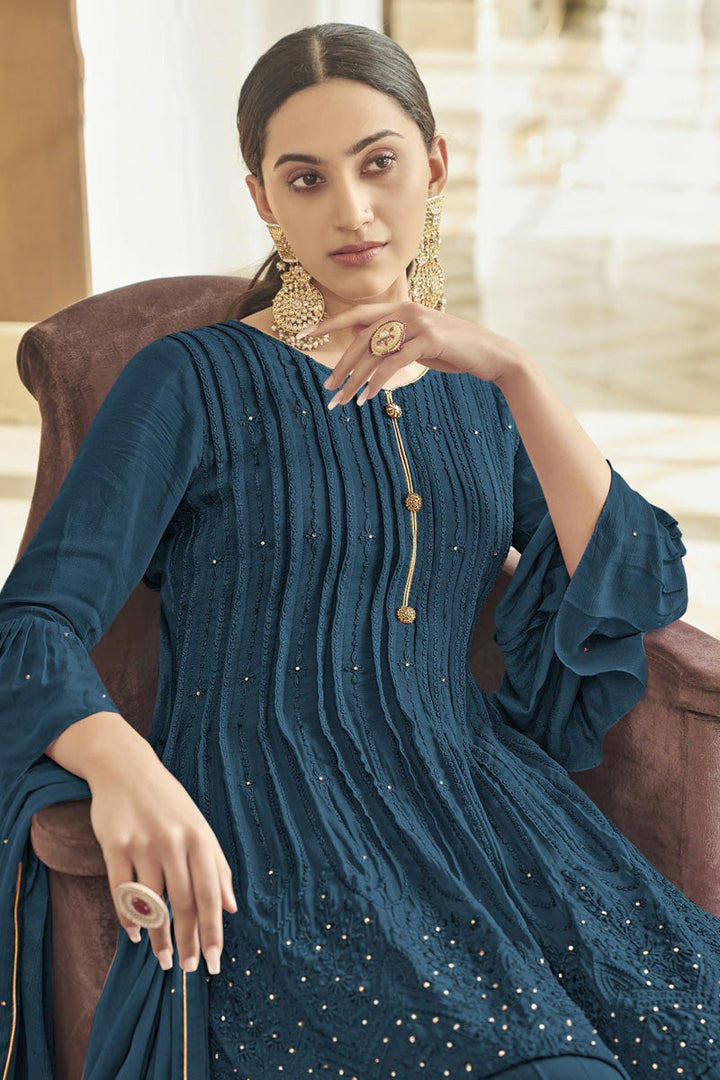 Teal Color Chinon Fabric Function Wear Stunning Palazzo Suit
