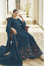 Load image into Gallery viewer, Teal Color Chinon Fabric Function Wear Stunning Palazzo Suit
