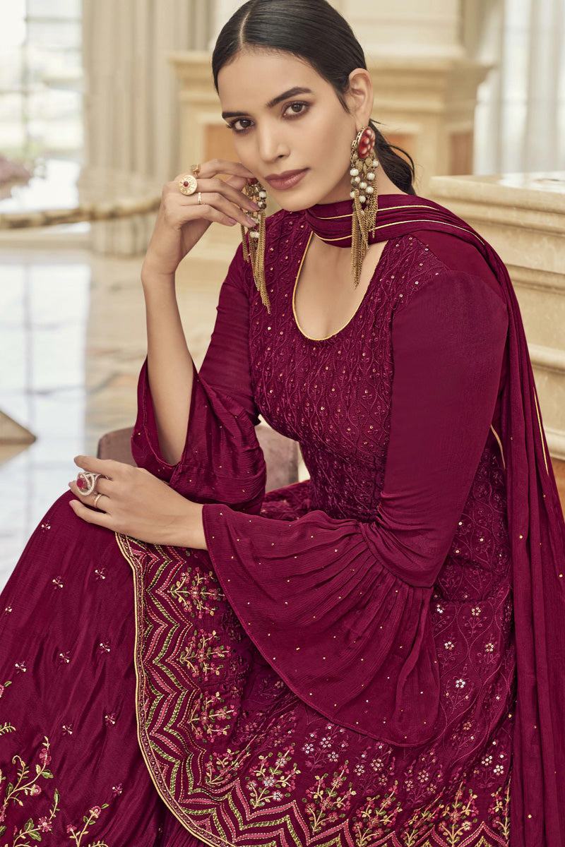 Chinon Fabric Function Wear Awesome Sharara Suit In Burgundy Color