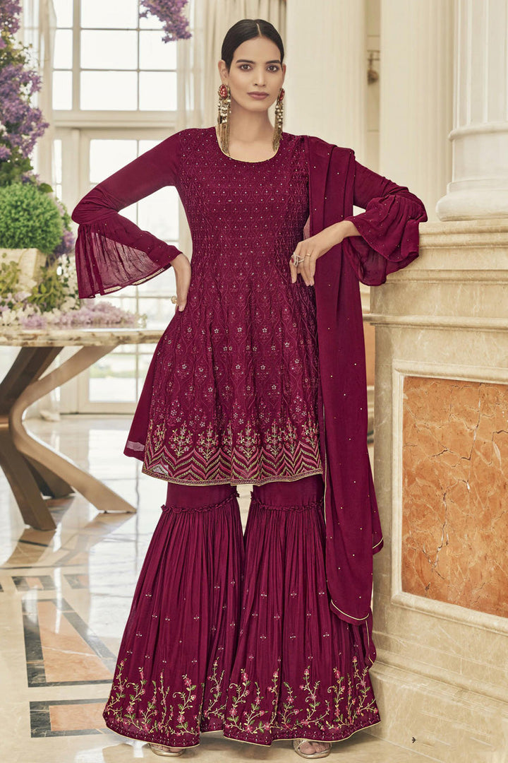 Chinon Fabric Function Wear Awesome Sharara Suit In Burgundy Color
