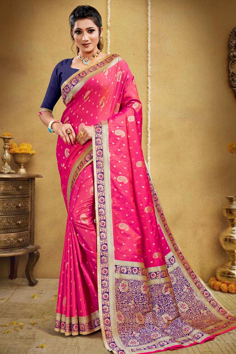 Art Silk Rani Color Puja Wear Weaving Work Saree