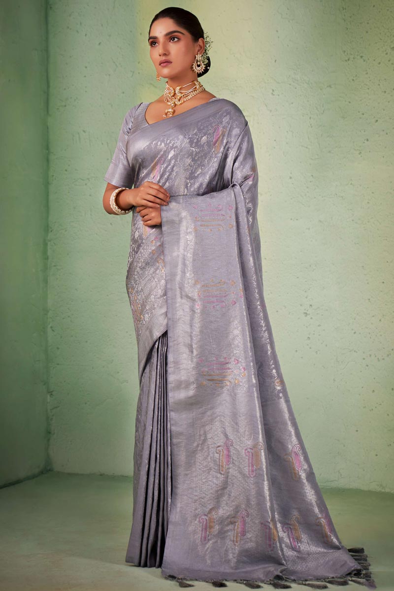 Grey Color Kanjivaram Silk Princely Saree