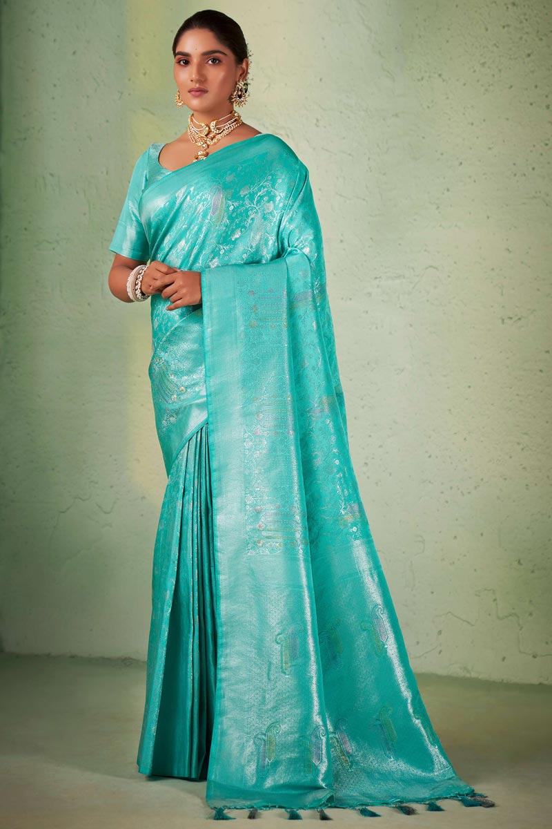 Cyan Color Kanjivaram Silk Engaging Saree