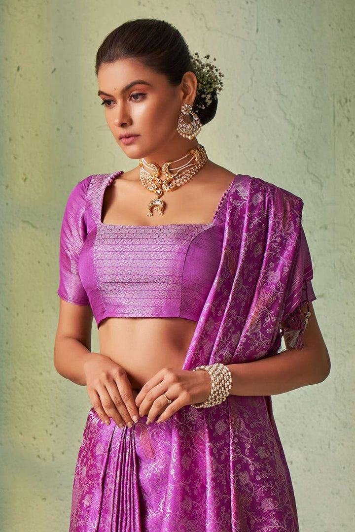Kanjivaram Silk Lavender Color Riveting Saree