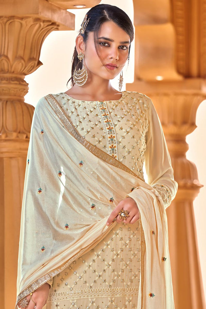 Beige Color Embroidered Viscose Fabric Salwar Kameez With Chiffon Dupatta
