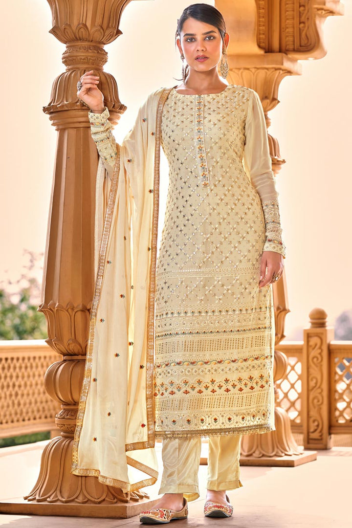 Beige Color Embroidered Viscose Fabric Salwar Kameez With Chiffon Dupatta