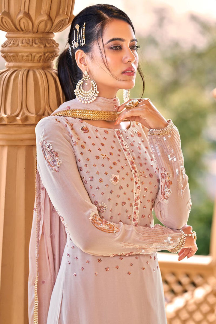 Attractive Embroidered Viscose Fabric Salwar Kameez In Peach Color