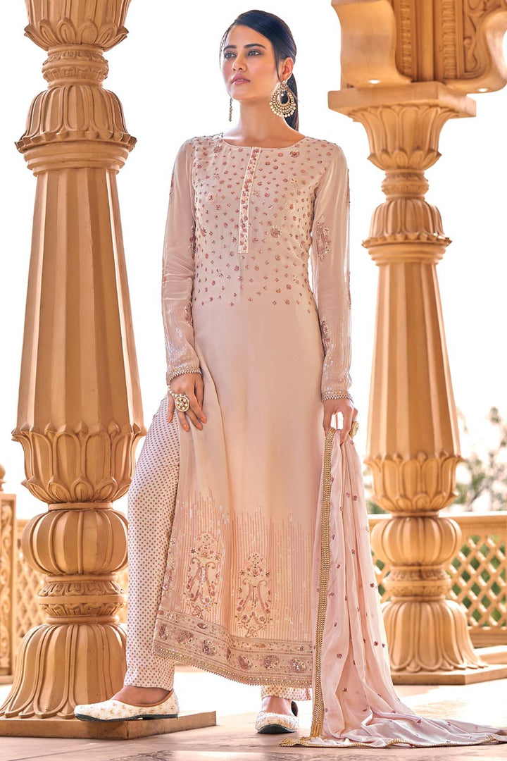 Attractive Embroidered Viscose Fabric Salwar Kameez In Peach Color