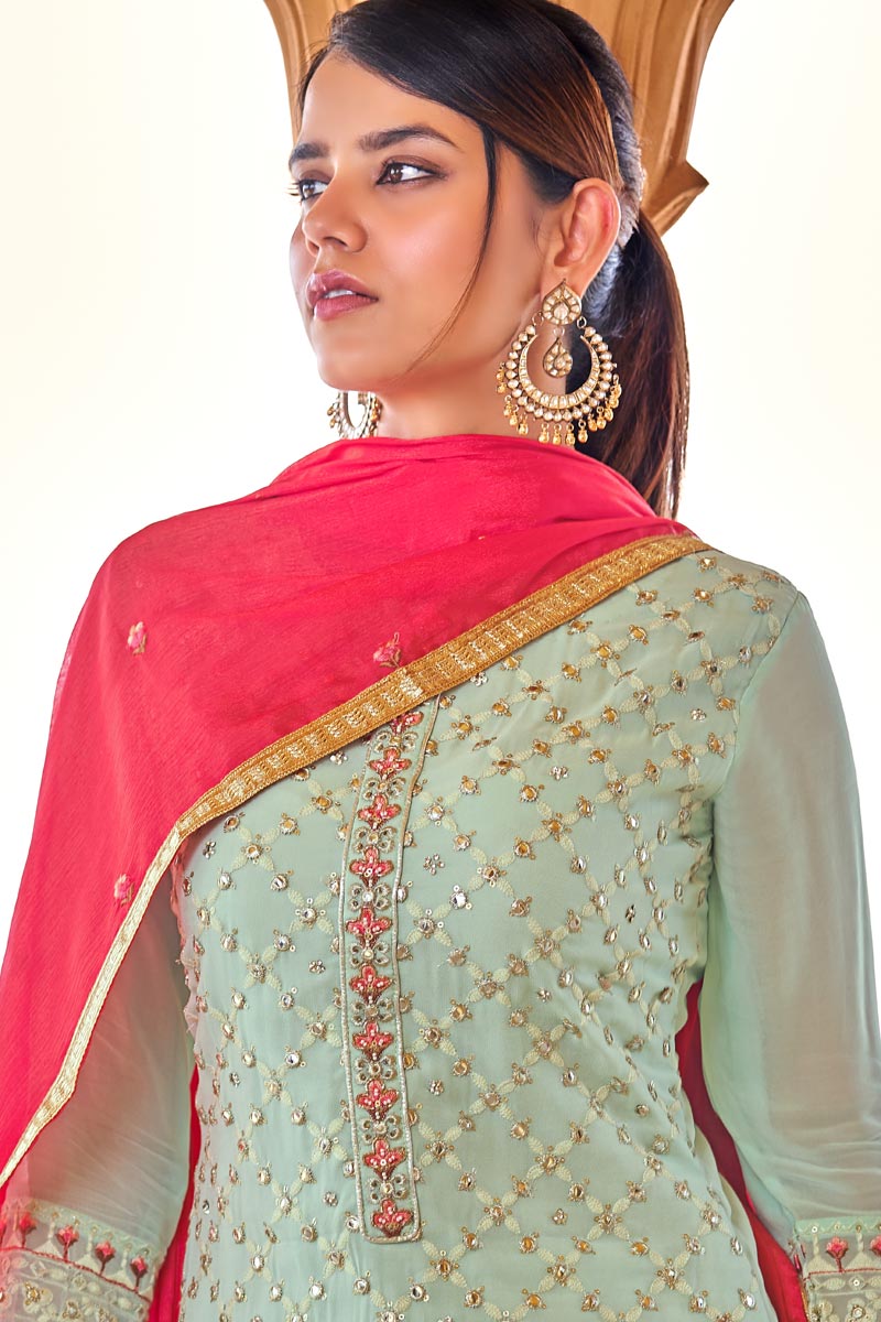 Sea Green Color Party Wear Viscose Fabric Salwar Kameez With Color Contrast Dupatta