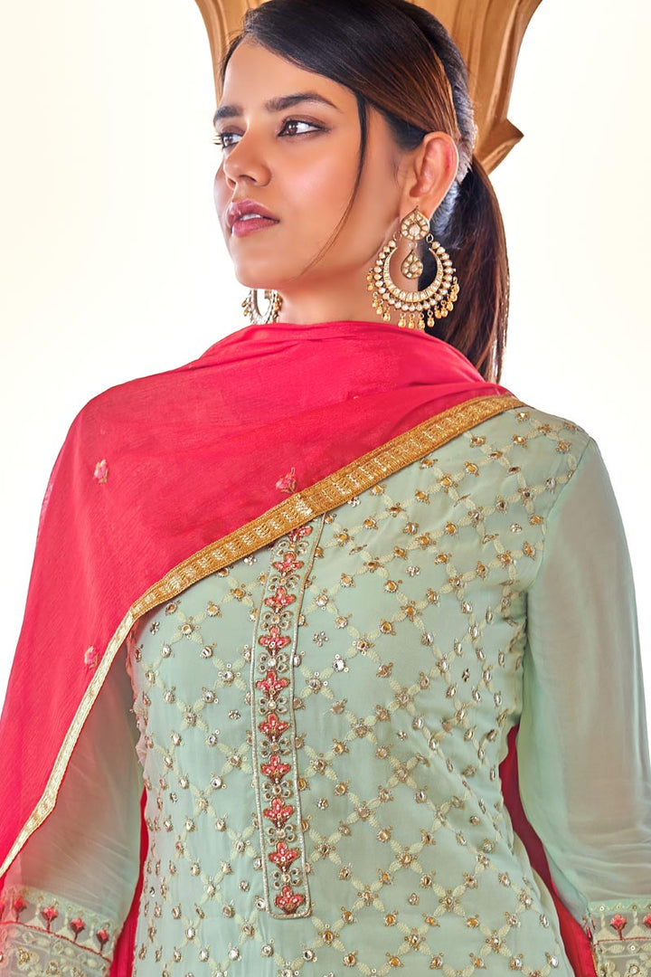 Sea Green Color Party Wear Viscose Fabric Salwar Kameez With Color Contrast Dupatta
