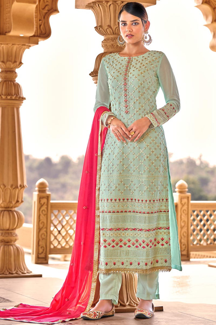 Sea Green Color Party Wear Viscose Fabric Salwar Kameez With Color Contrast Dupatta