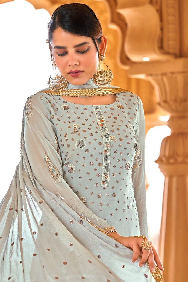 Party Wear Embroidered Salwar Kameez In Dazzling Light Cyan Color
