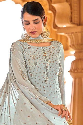 Party Wear Embroidered Salwar Kameez In Dazzling Light Cyan Color