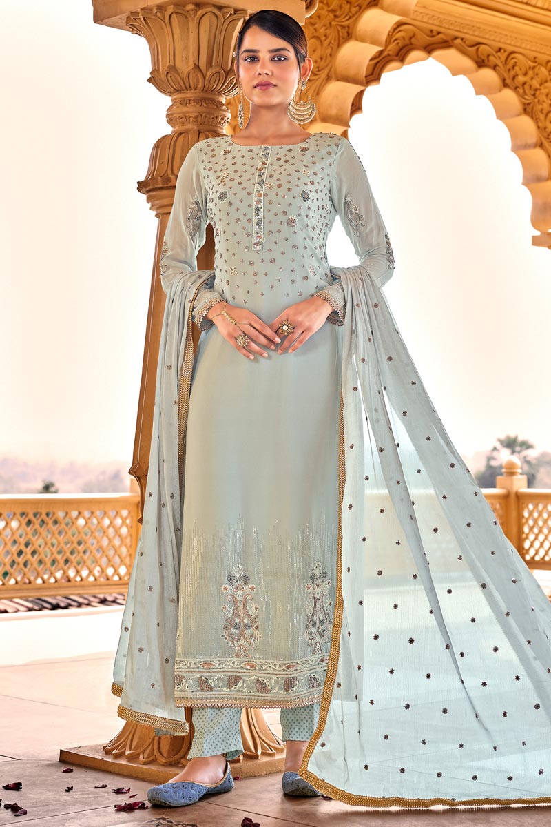 Party Wear Embroidered Salwar Kameez In Dazzling Light Cyan Color