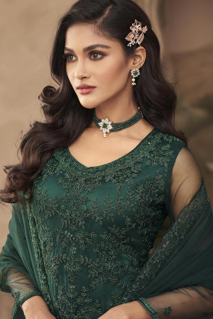 Dark Green Color Exquisite Net Fabric Embroidered Party Wear Salwar Suit