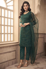 Load image into Gallery viewer, Dark Green Color Exquisite Net Fabric Embroidered Party Wear Salwar Suit
