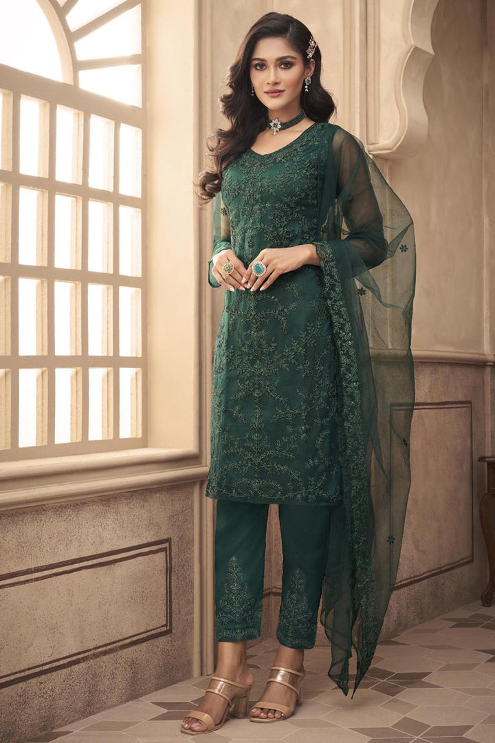 Dark Green Color Exquisite Net Fabric Embroidered Party Wear Salwar Suit