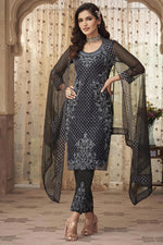 Load image into Gallery viewer, Captivating Net Fabric Party Wear Embroidered Salwar Suit Featuring Vartika Singh In Black Color
