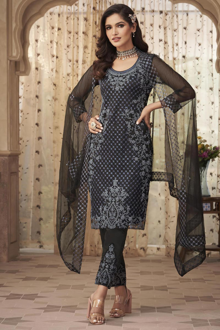 Captivating Net Fabric Party Wear Embroidered Salwar Suit Featuring Vartika Singh In Black Color