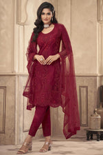 Load image into Gallery viewer, Pleasant Net Fabric Party Wear Embroidered Salwar Suit In Maroon Color
