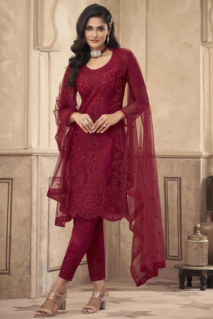 Pleasant Net Fabric Party Wear Embroidered Salwar Suit In Maroon Color