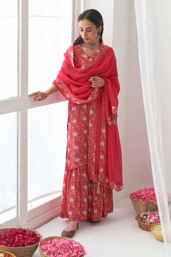 Muslin Fabric Rani Color Supreme Printed Sharara Suit
