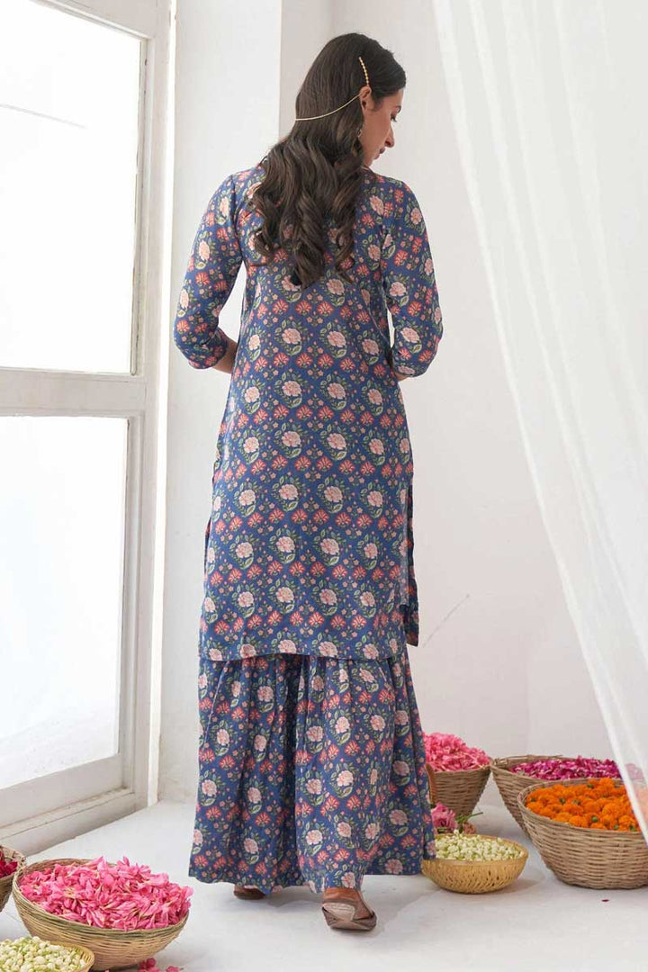 Alluring Muslin Fabric Blue Color Printed Sharara Suit