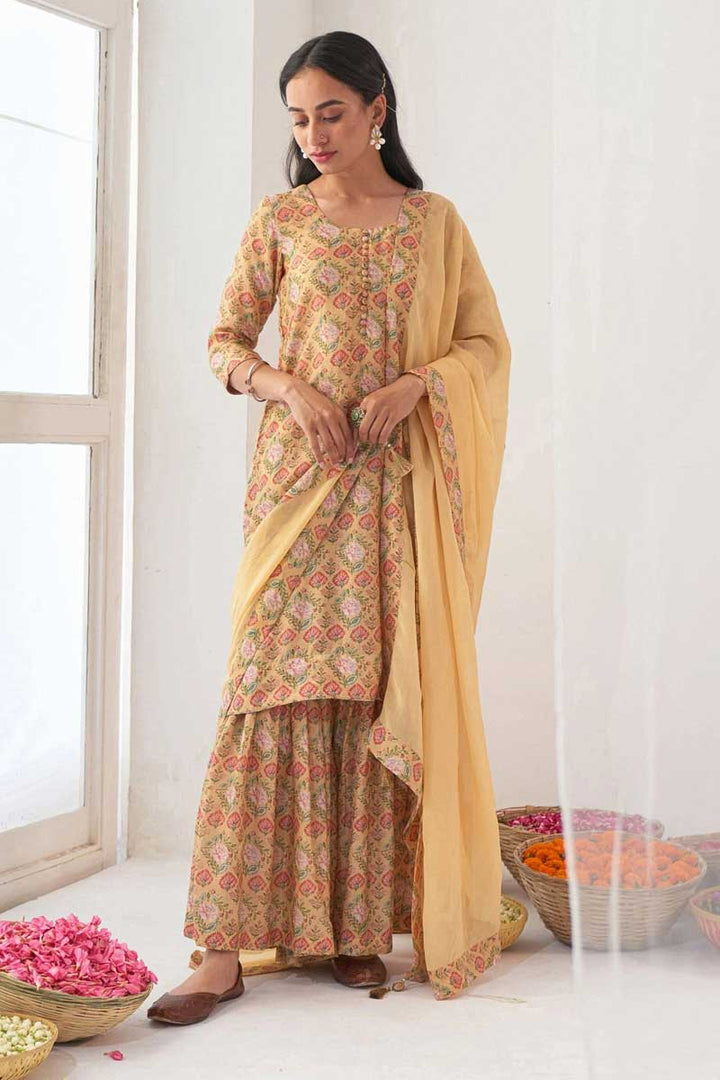 Cream Color Muslin Fabric Tempting Printed Sharara Suit