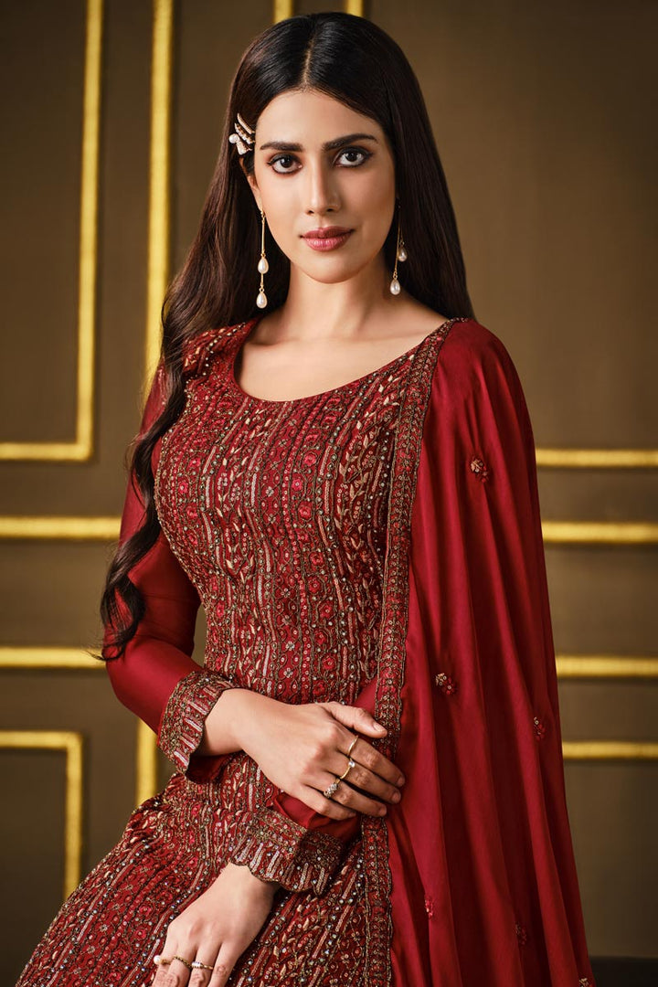 Georgette Fabric Attractive Red Color Party Wear Salwar Suit With Embroidered Work