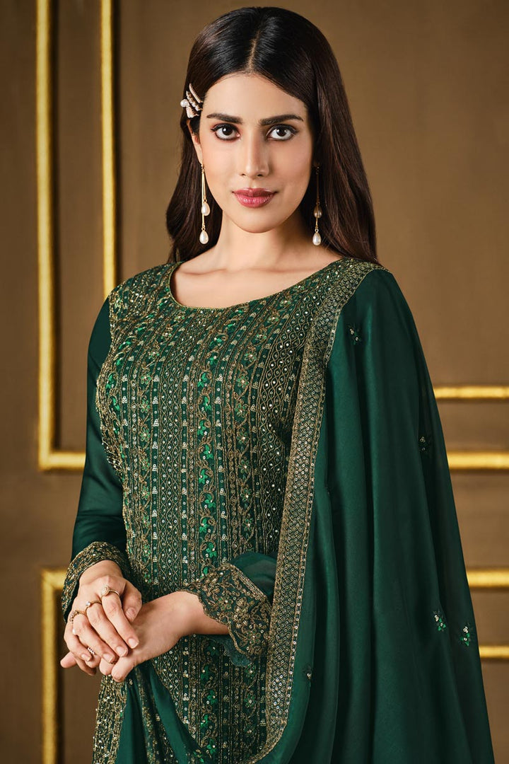 Dark Green Color Alluring Georgette Fabric Party Wear Salwar Suit With Embroidered Work