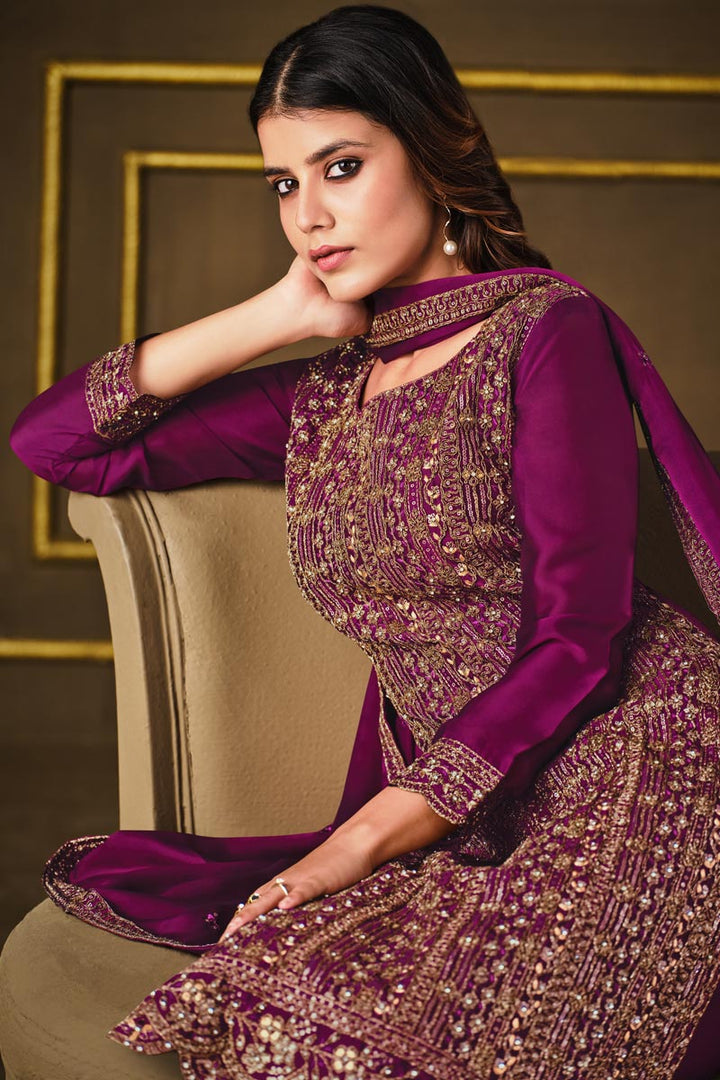 Luxurious Purple Color Georgette Fabric Party Wear Salwar Suit With Embroidered Work