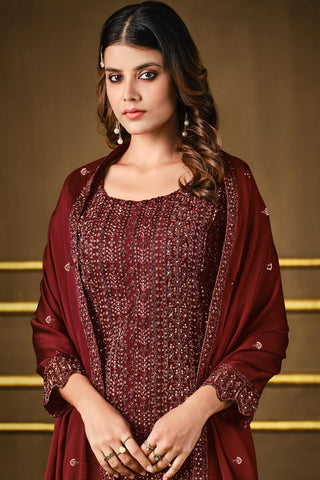 Elegant Maroon Color Georgette Fabric Party Wear Salwar Suit With Embroidered Work