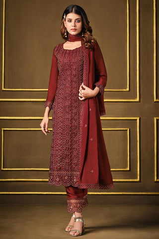 Elegant Maroon Color Georgette Fabric Party Wear Salwar Suit With Embroidered Work