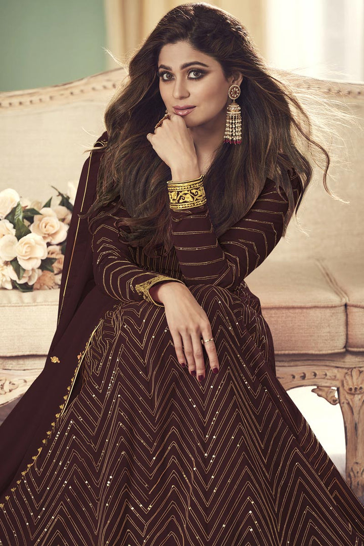 Shamita Shetty Maroon Georgette Floor Length Anarkali Suit